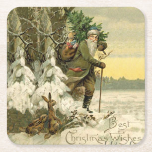 Vintage Santa Christmas Victorian Holiday Tree  Square Paper Coaster
