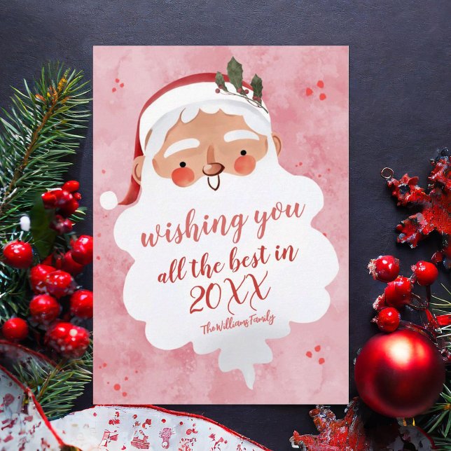 Vintage Santa Christmas Watercolor Pink Greeting Holiday Card (Creator Uploaded)