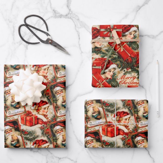 Vintage Santa Christmas Wrapping Paper Sheet (Front)