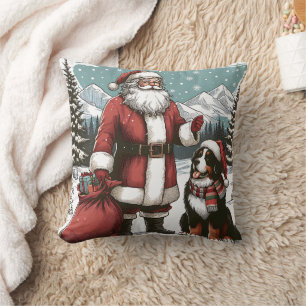Vintage Santa Claus and bernese mountain Throw Pillow