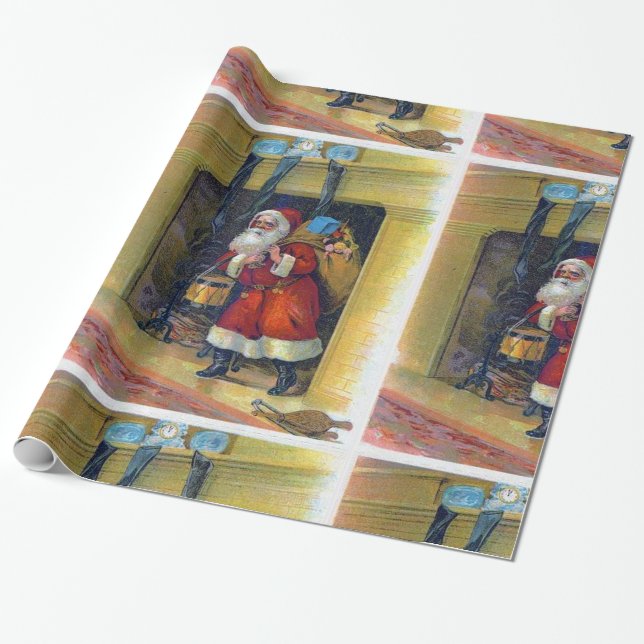 Vintage Santa Claus and Chimney Wrapping Paper (Unrolled)
