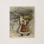Vintage Santa Claus and Christmas Tree Jigsaw Puzzle<br><div class="desc">Vintage Santa Claus Carrying a Crhistmas Tree Since when does Santa actually bring a tree with him? This image is based on a vintage Christmas Card from the late 1800s. Back then, Santa didn't always wear red. In this Santa Claus illustration, St. Nick is wearing a warm brown suit, and...</div>