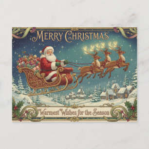 Vintage Santa Claus and Reindeer Sleigh Holiday Postcard