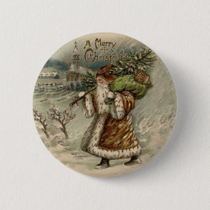 Vintage Santa Claus Art Christmas Tree Print 2 Inch Round Button