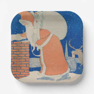 Vintage Santa Claus at Chimney holiday   Paper Plate