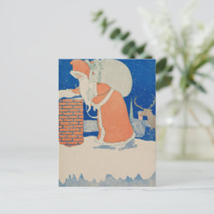 Vintage Santa Claus at Chimney Illustration Holiday Postcard