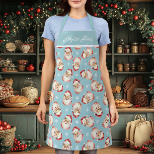 Vintage Santa Claus Blue Christmas Kitchen Apron