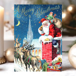 Vintage Santa Claus Chimney Merry Christmas Holiday Card<br><div class="desc">Vintage Santa Claus Chimney Merry Christmas Holiday Card. This design features Santa Claus with his Reindeer going down the chimney. What a beautiful retro holiday scene. Personalize this custom design with your own inside greeting.</div>