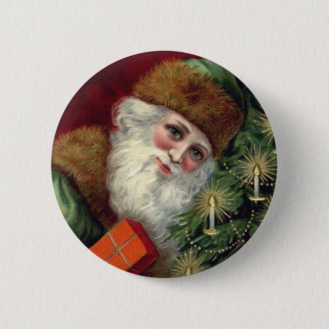 Vintage Santa Claus Christmas Button Pin (Front)
