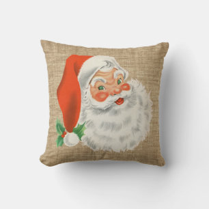 Vintage Santa Claus Christmas Faux Burlap Throw Pillow