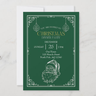 Vintage Santa Claus Christmas Party, Green & White Invitation