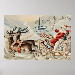 Vintage Santa Claus Christmas Sleigh Reindeer Poster
