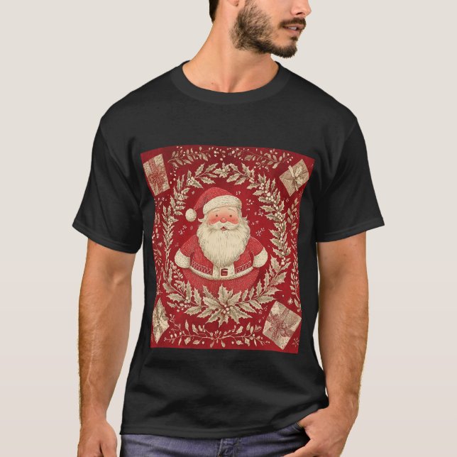 Vintage Santa Claus Christmas Wreath T-Shirt (Front)