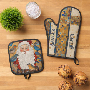 Vintage Santa Claus Custom Kitchen  Oven Mitt & Pot Holder Set