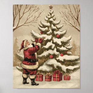 Vintage Santa Claus Decorating Christmas Tree Poster