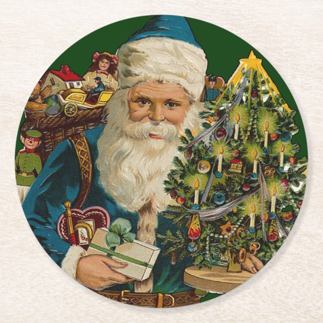 Vintage Santa Claus Delivering Gifts Round Paper Coaster (Front)
