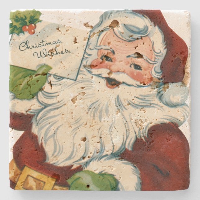 Vintage Santa Claus Delivers Christmas Wishes Stone Coaster (Front)