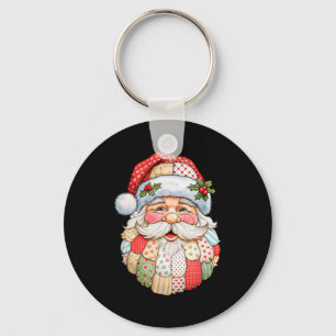 Vintage Santa Claus Face Patchwork Folk Art Christ Keychain