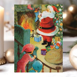 Vintage Santa Claus Fireplace Kids On Stairs Holiday Card<br><div class="desc">Vintage Santa Claus Fireplace Kids On Stairs Holiday Card. This design features Santa Claus standing at the fireplace while two kids watch from the stairs. What a beautiful retro holiday scene. Personalize this custom design with your own inside greeting.</div>