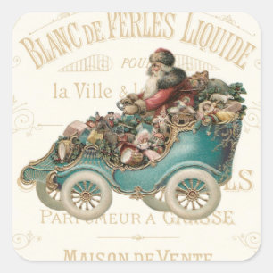 Vintage Santa Claus French Christmas Toys Blue Car Square Sticker