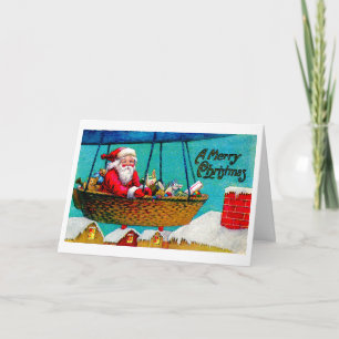 Vintage Santa Claus In a Air Ship Holiday Card
