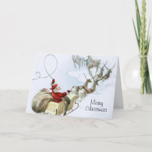 Vintage Santa Claus in Sleigh Christmas Reindeer  Holiday Card