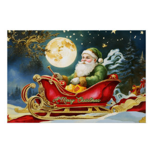 Vintage Santa Claus in Sleigh, Full Moon, Stars  Poster
