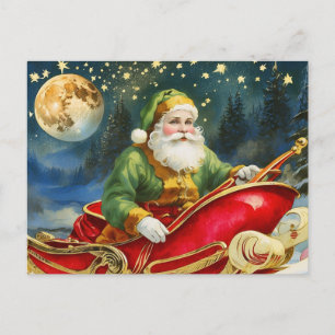 Vintage Santa Claus in Sleigh, Golden Moon, Stars Holiday Postcard