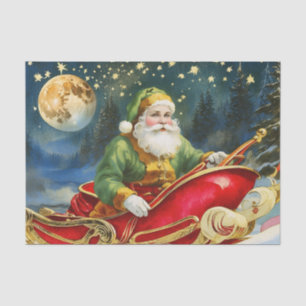 Vintage Santa Claus in Sleigh, Golden Moon, Stars  Tissue Paper