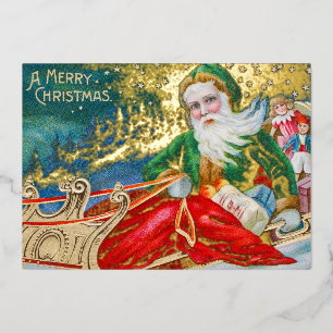 Vintage Santa Claus in Sleigh Merry Christmas Gold Foil Holiday Card
