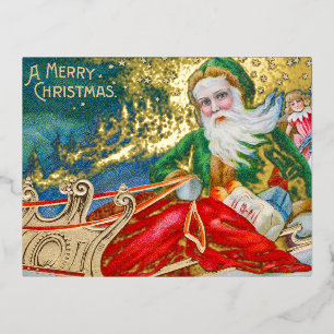 Vintage Santa Claus in Sleigh Merry Christmas Gold Foil Holiday Postcard