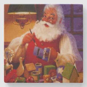 Vintage Santa Claus Making Toys Christmas Stone Coaster