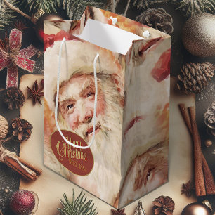 Vintage Santa Claus Merry Christmas Wrapping Paper Medium Gift Bag
