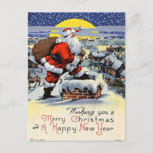 Vintage Santa Claus on Snowy Rooftop Postcard