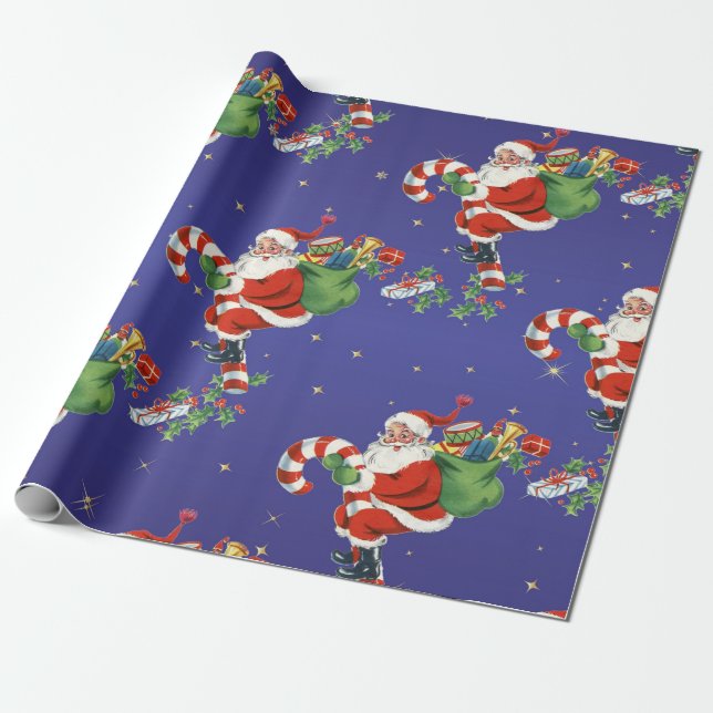 Vintage Santa Claus Pattern Retro Christmas Wrapping Paper (Unrolled)