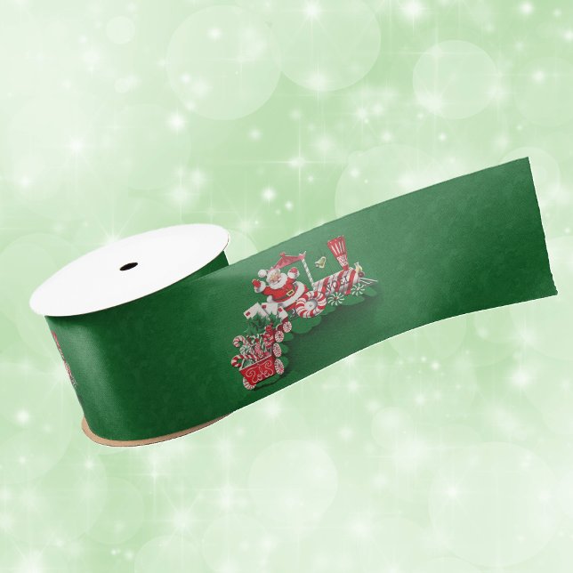 Vintage Santa Claus Peppermint Candy Train Satin Ribbon (Santa Claus riding red white Christmas train with candy canes and letters on dar green roll ribbon.)