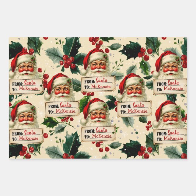 Vintage Santa Claus Pesonalized Wrapping Paper Sheet (Front)