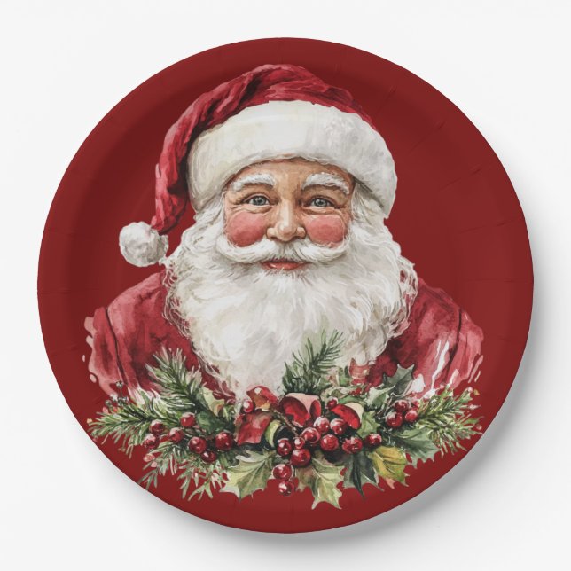 Vintage Santa Claus Red Christmas  Paper Plate (Front)