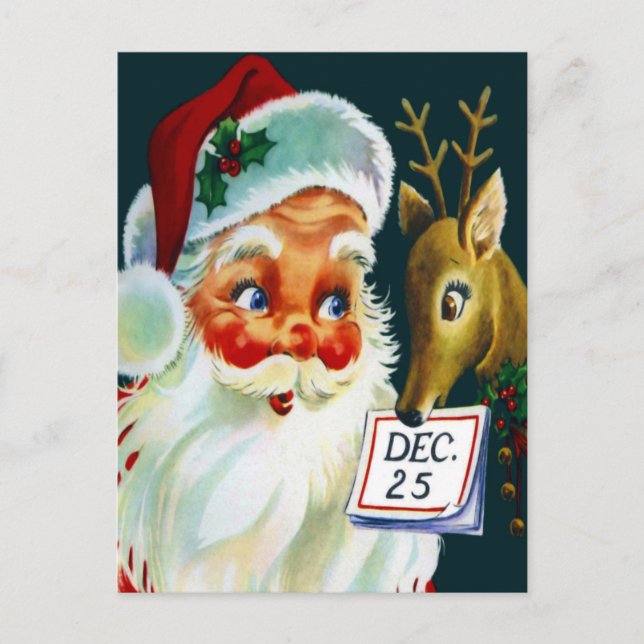 Vintage Santa Claus & Reindeer Christmas Postcard (Front)