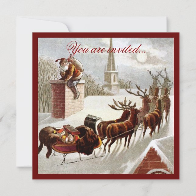 Vintage Santa Claus Reindeer Sleigh invitation (Front)