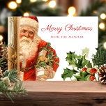 Vintage Santa Claus Retro Holiday Christmas Postcard<br><div class="desc">Vintage Santa Claus Retro Holiday Christmas Postcard. An old world victorian Santa walking through the front door bearing gifts adorns this beautiful holiday party invitation. Accented with watercolor holly leaves. Personalize this custom design with your own greeting.</div>