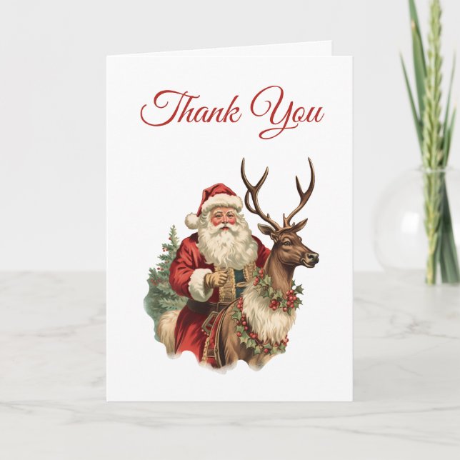 Vintage Santa Claus Riding a Reindeer Thank You Card (Front)