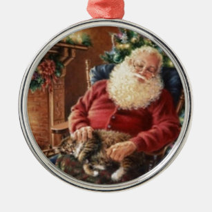Vintage Santa Claus Sleeping With The Cat Metal Ornament