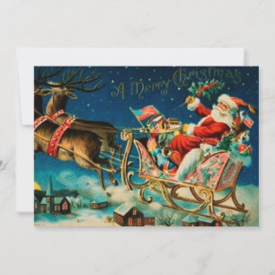 Vintage Santa Claus Sleigh Christmas Holiday Card