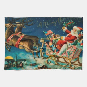 Vintage Santa Claus Sleigh Christmas Holiday Kitchen Towel
