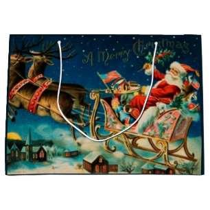 Vintage Santa Claus Sleigh Christmas Holiday Large Gift Bag