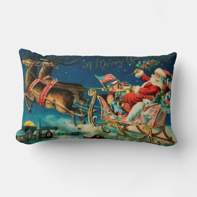 Vintage Santa Claus Sleigh Christmas Holiday Lumbar Pillow (Front)