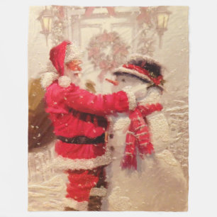 Vintage Santa Claus Snowman Christmas Fleece Blanket
