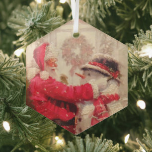 Vintage Santa Claus Snowman Christmas Glass Ornament