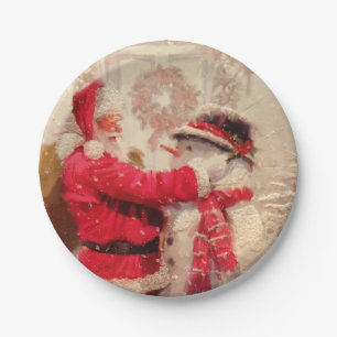 Vintage Santa Claus Snowman Christmas Paper Plate